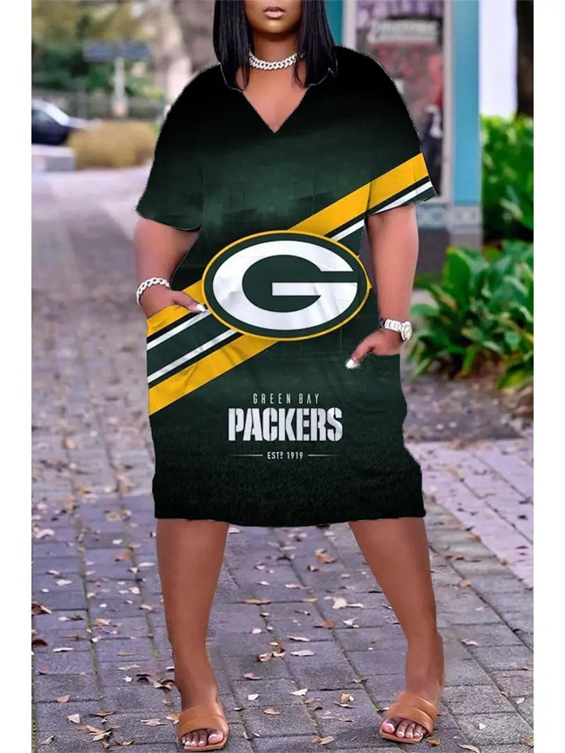 Green Bay Packers V-neck Casual Pocket Dress