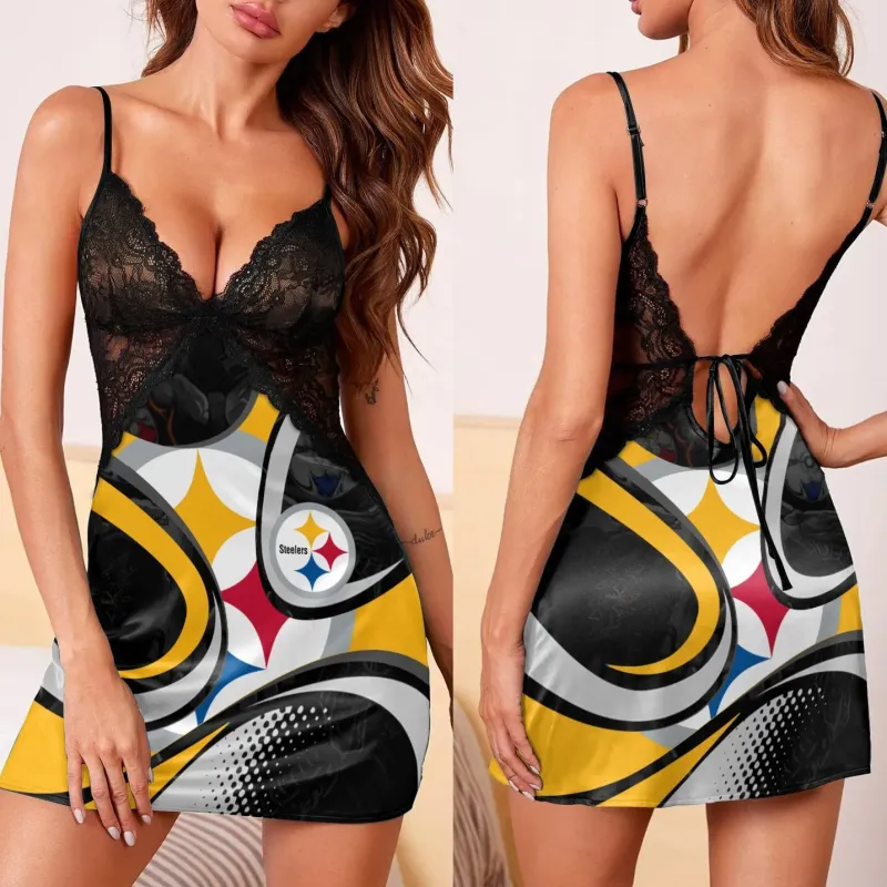 Pittsburgh Steelers Lace Back Strap Slip Dress Side