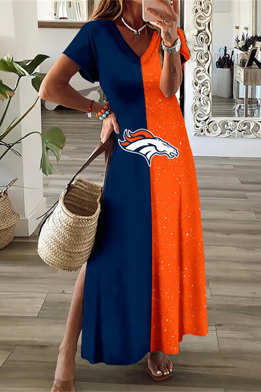Denver Broncos V-Neck Side Slit Long Dress
