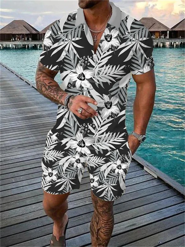 Las Vegas Raiders Zip Polo Shirt And Shorts