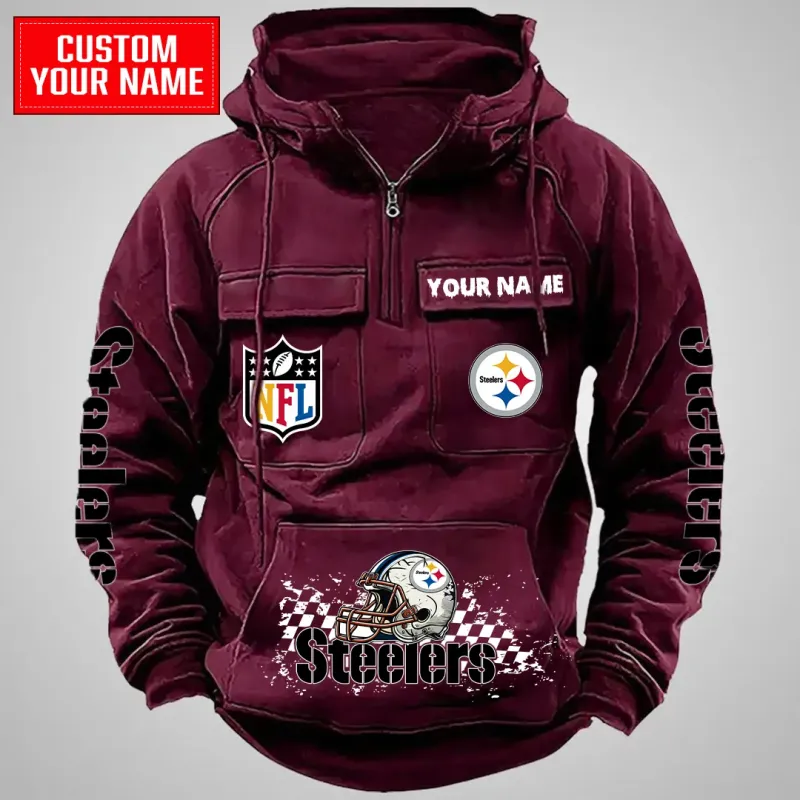 Pittsburgh Steelers Multi-Pockets Zip Hoodie Red