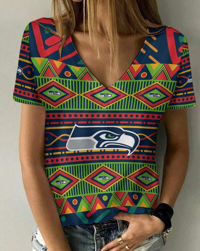 Seattle Seahawks Summer V-neck Women's T-shirt Size Chart