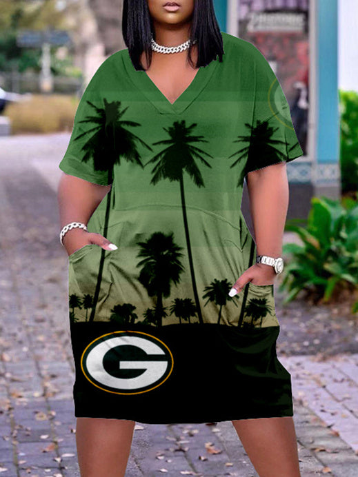 Green Bay Packers V-neck Casual Pocket Dress