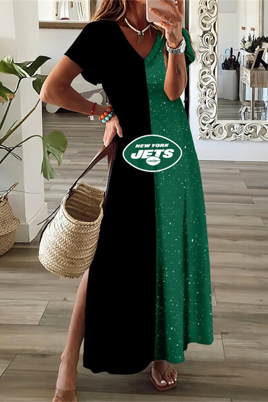 New York Jets V-Neck Side Slit Long Dress