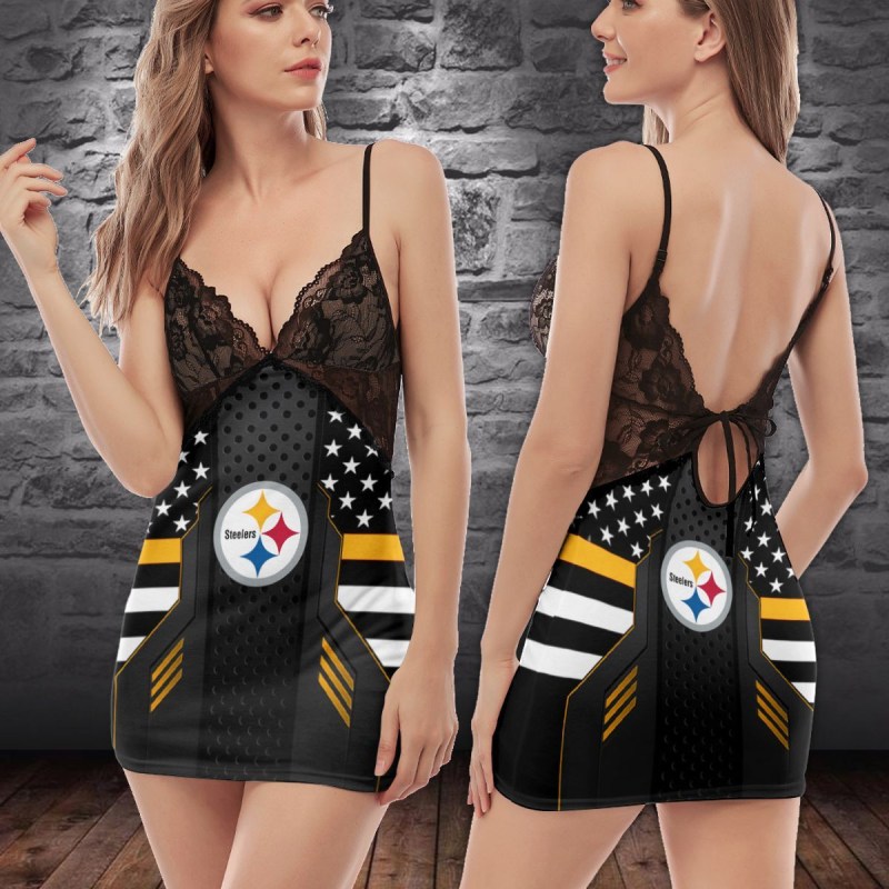 Pittsburgh Steelers Lace Back Strap Slip Dress Front