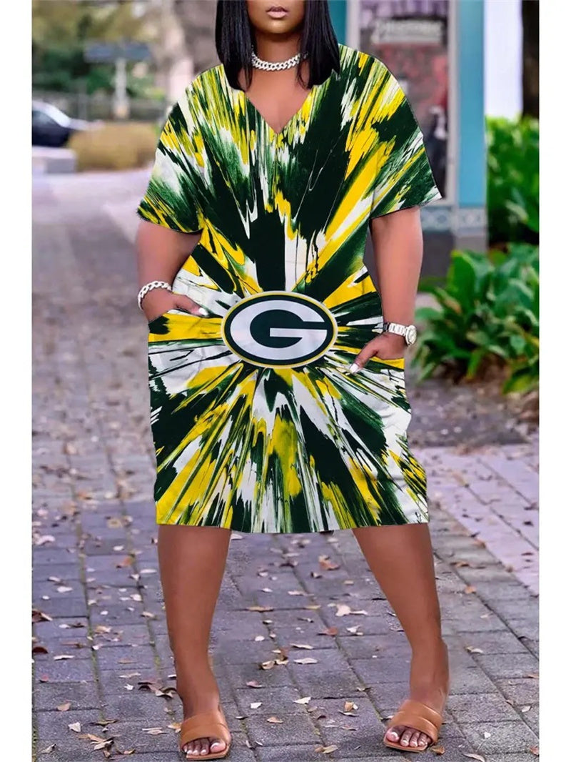 Green Bay Packers V-neck Casual Pocket Dress