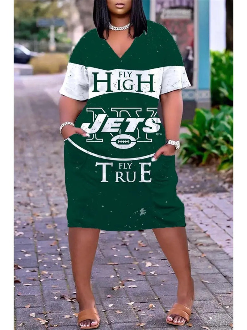New York Jets V-neck Casual Pocket Dress