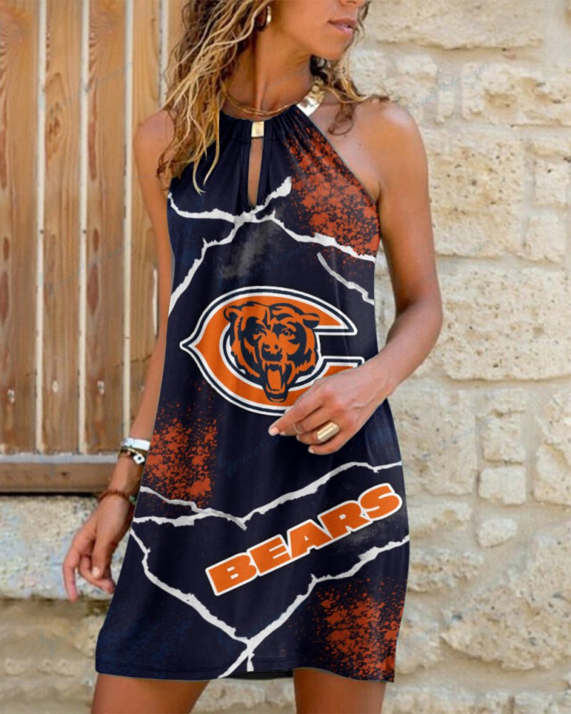 Chicago Bears Summer Casual Metal Halter Neck Sleeveless Dress