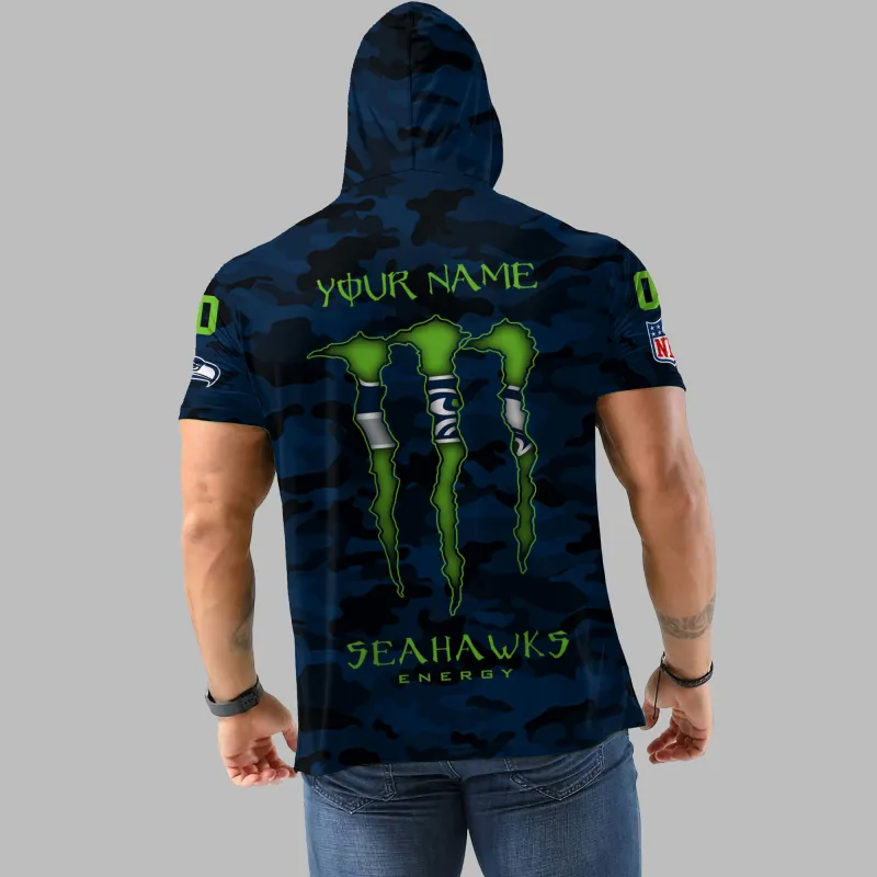 Seattle Seahawks Personalized Camo Short Sleeve Hoodie Back