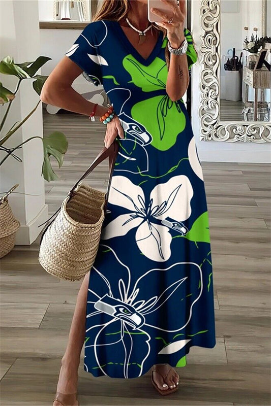 Seattle Seahawks Ugly Christmas Sweater V-Neck Side Slit Long Dress