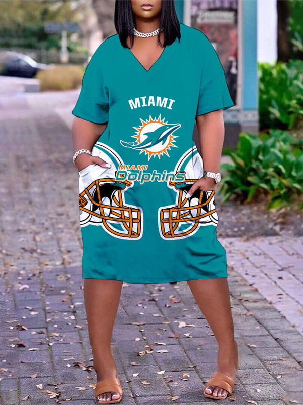Miami Dolphins V-neck Casual Pocket Dress
