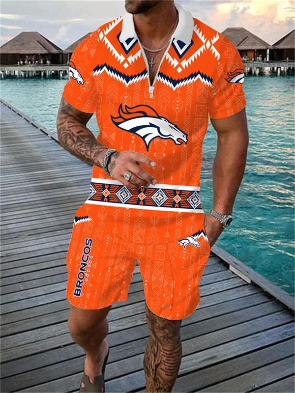 Denver Broncos Zip Polo Shirt And Shorts Men
