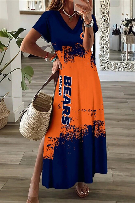 Chicago Bears V-Neck Side Slit Long Dress