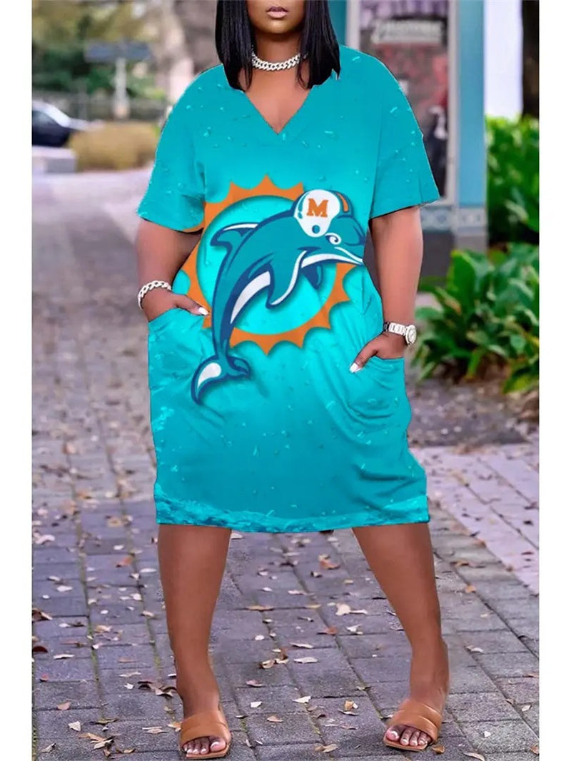 Miami Dolphins V-neck Casual Pocket Dress