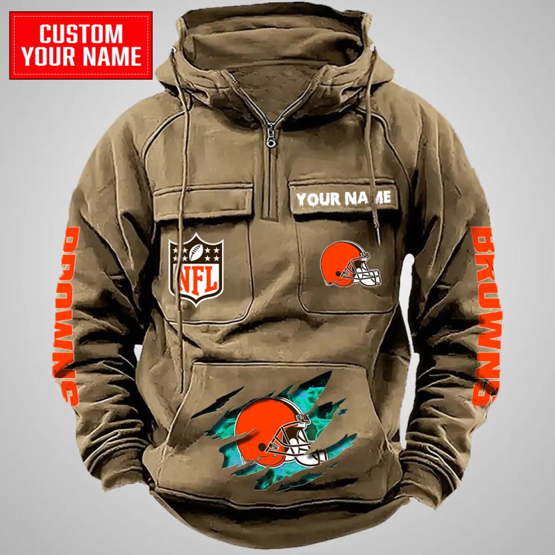 Cleveland Browns Multi-Pockets Zip Hoodie in Khaki