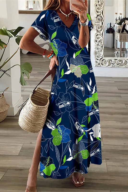 Seattle Seahawks V-Neck Side Slit Long Dress