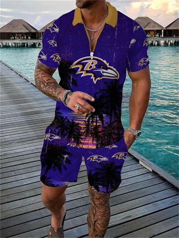 Baltimore Ravens Zip Polo Shirt and Shorts Men's Sports Apparel