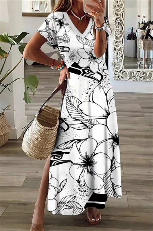 Seattle Seahawks V-Neck Side Slit Long Dress