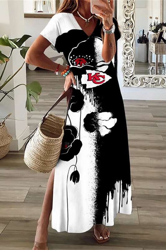 Kansas City Chiefs V-Neck Side Slit Long Dress