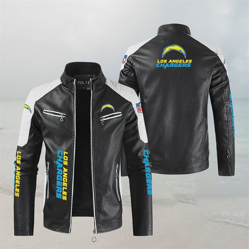 Los Angeles Chargers Stand Collar Leather Jacket Back View