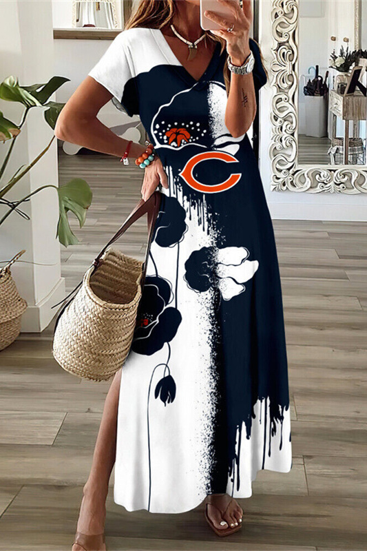 Chicago Bears V-Neck Side Slit Long Dress