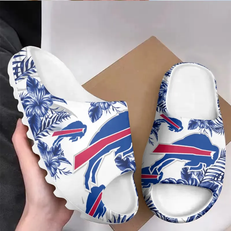 Buffalo Bills Yeezy Slippers from multiple angles