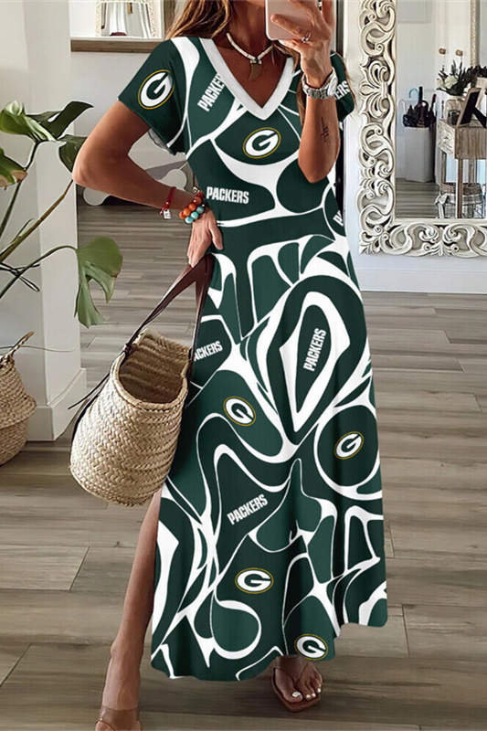 Green Bay Packers V-Neck Side Slit Long Dress