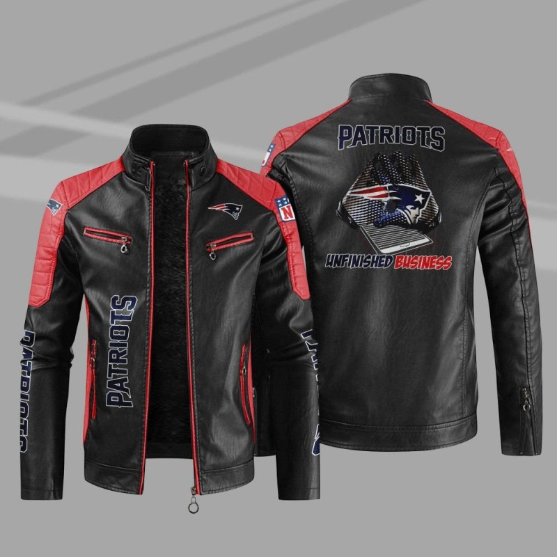 New England Patriots Stand Collar Leather Jacket - Back View