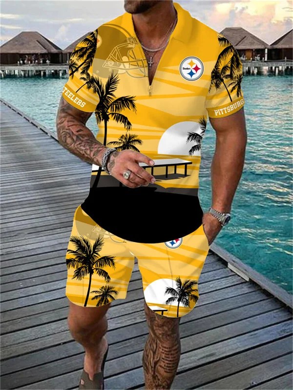 Pittsburgh Steelers Zip Polo Shirt and Shorts