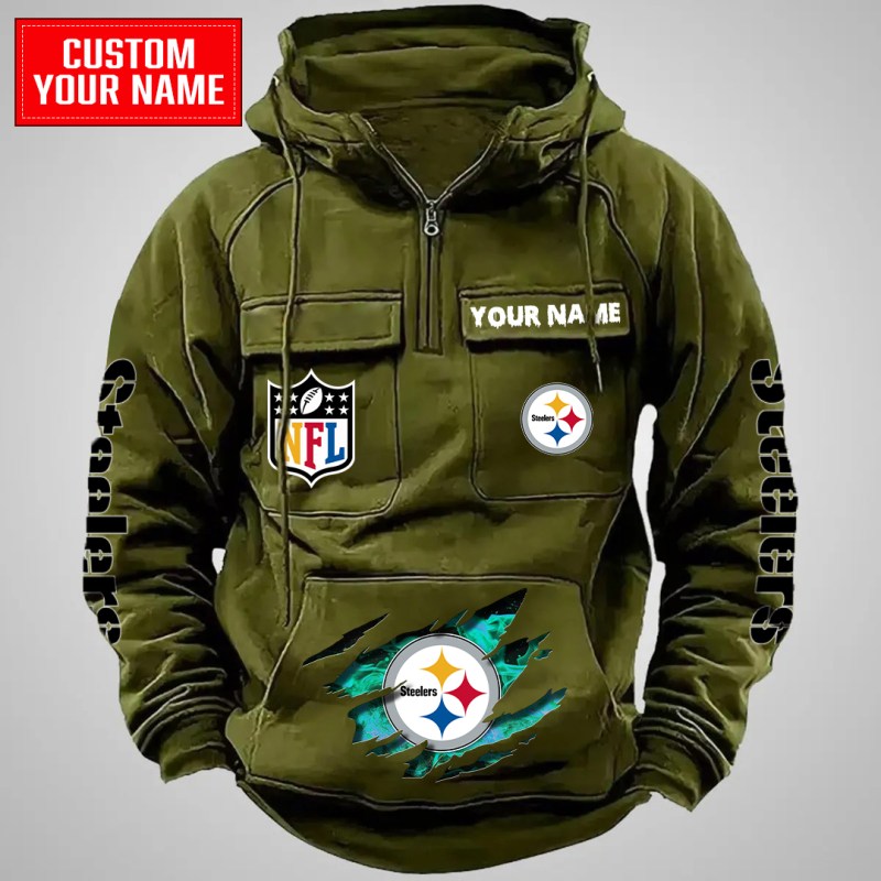 Pittsburgh Steelers Multi-Pockets Zip Hoodie Green
