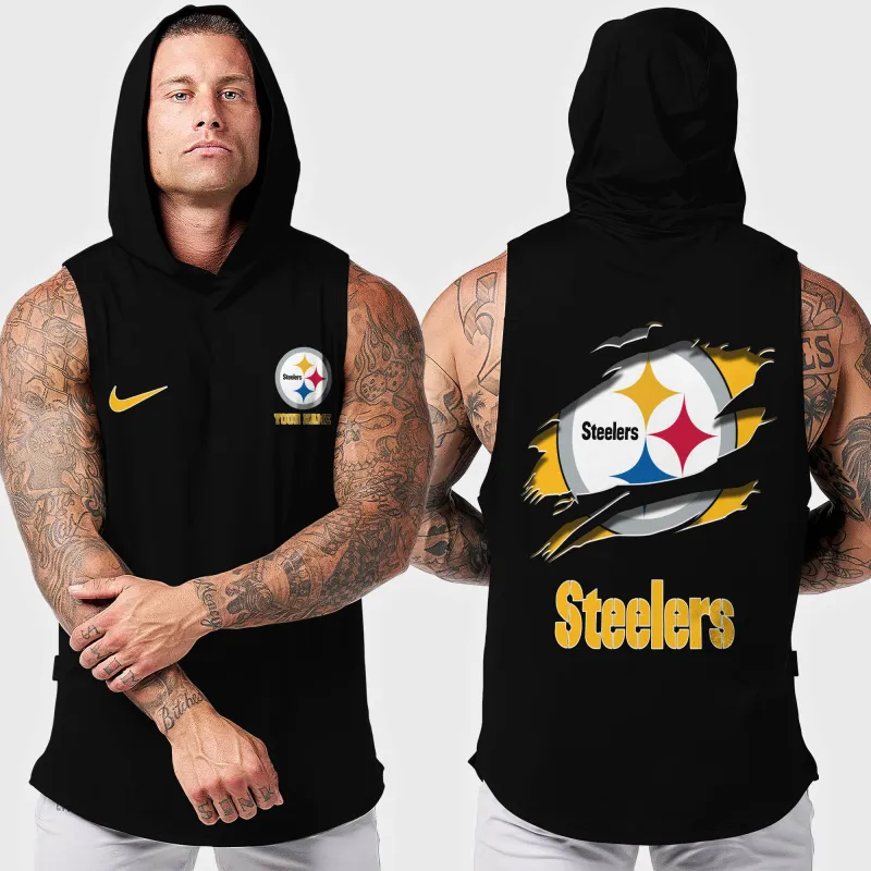 Pittsburgh Steelers Men's Workout Hooded Tank Top - Side View