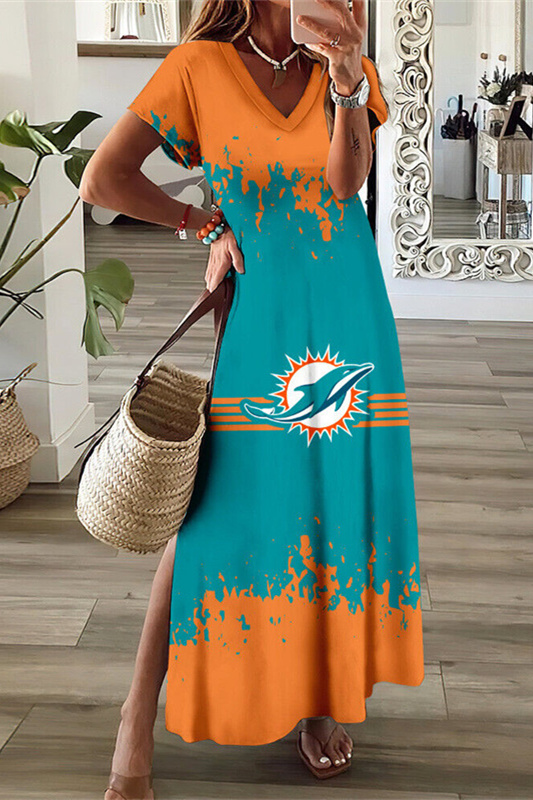 Miami Dolphins V-Neck Side Slit Long Dress