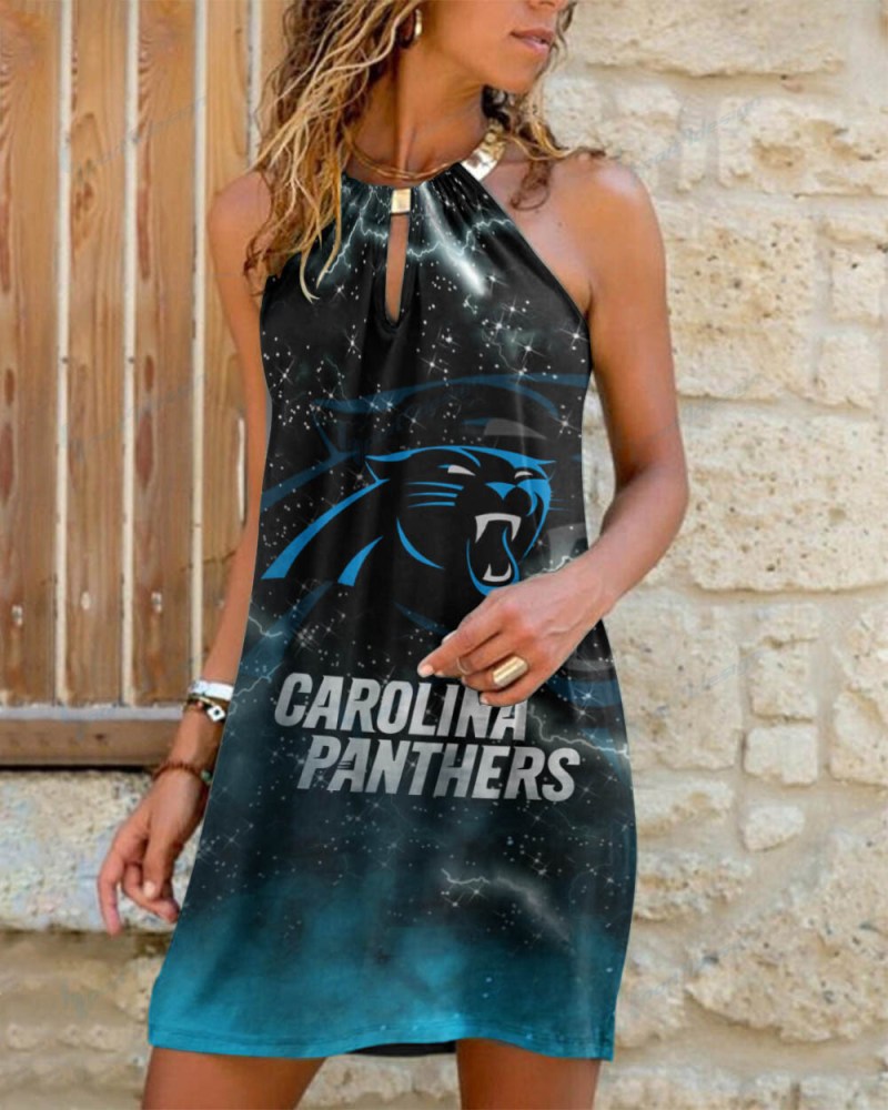 Carolina Panthers Summer Casual Metal Halter Neck Sleeveless Dress