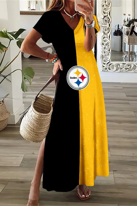 Pittsburgh Steelers V-Neck Side Slit Long Dress