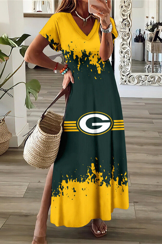 Green Bay Packers V-Neck Side Slit Long Dress