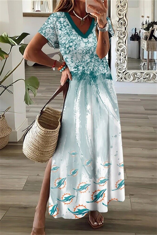 Miami Dolphins V-Neck Side Slit Long Dress