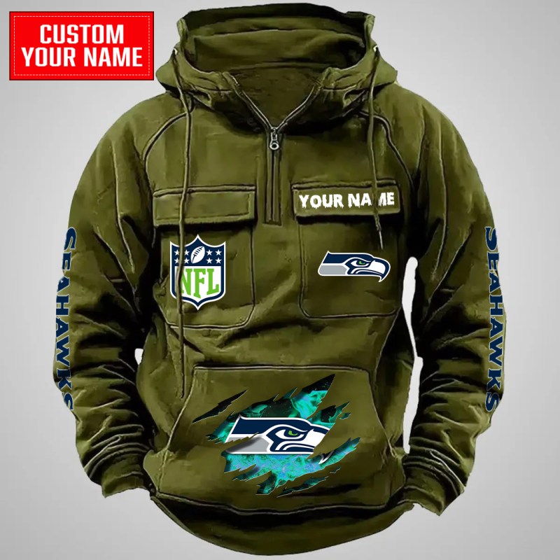 Seattle Seahawks Multi-Pockets Zip Hoodie in Green