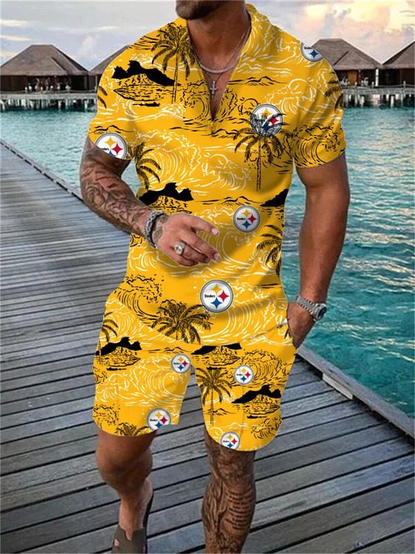 Pittsburgh Steelers Zip Polo Shirt and Shorts