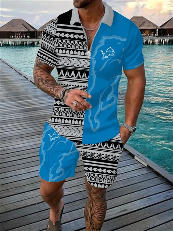 Detroit Lions Zip Polo Shirt and Shorts Men AZPLZ207