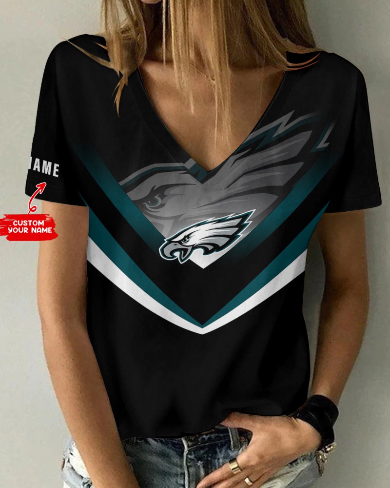 Philadelphia Eagles Personalized V-neck Women T-shirt Front View