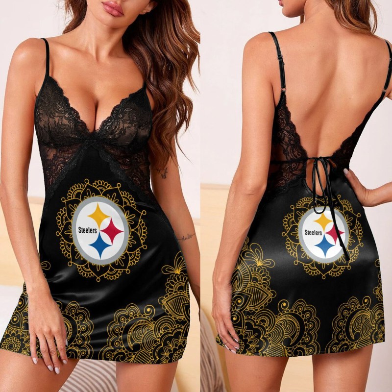 Pittsburgh Steelers Lace Back Strap Slip Dress Back