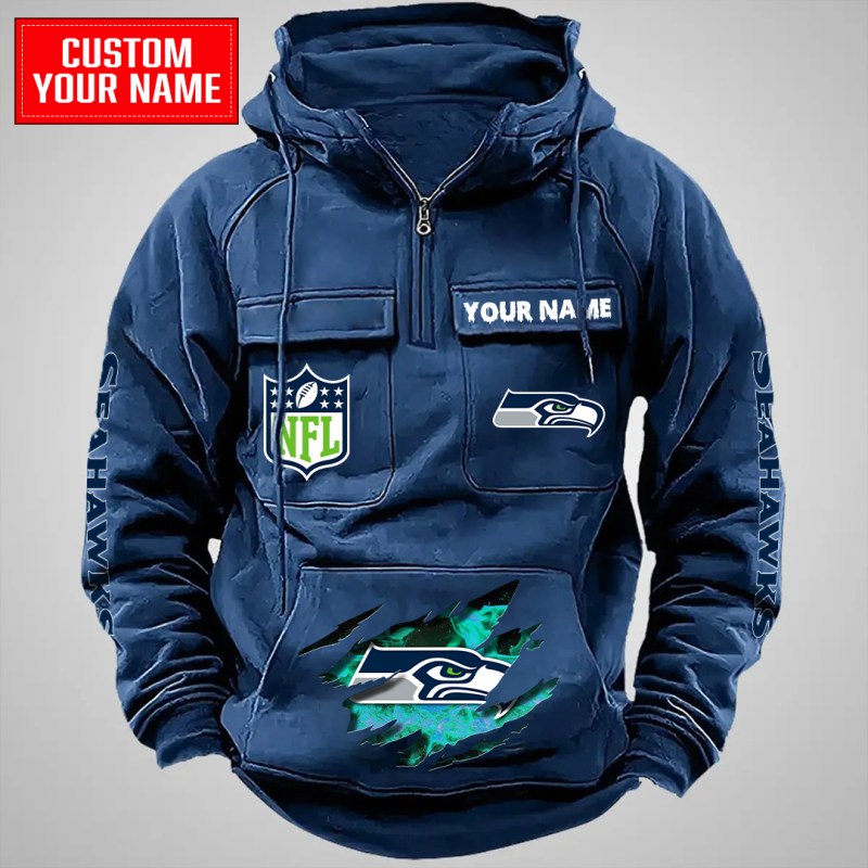 Seattle Seahawks Multi-Pockets Zip Hoodie in Navy