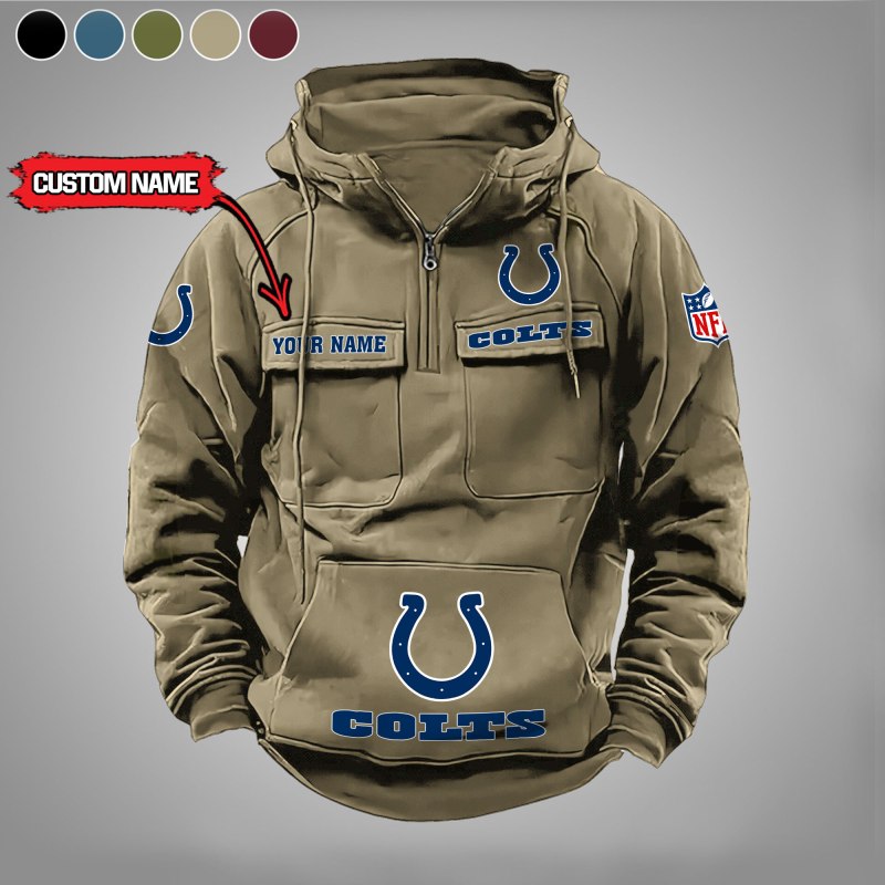 Indianapolis Colts Multi-Pockets Zip Hoodie Khaki