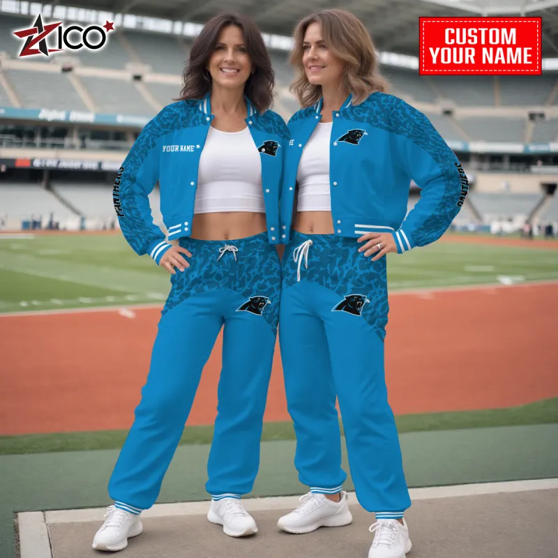 Carolina Panthers Combo Crop Varsity Jacket And Sweatpants - Outdoor View