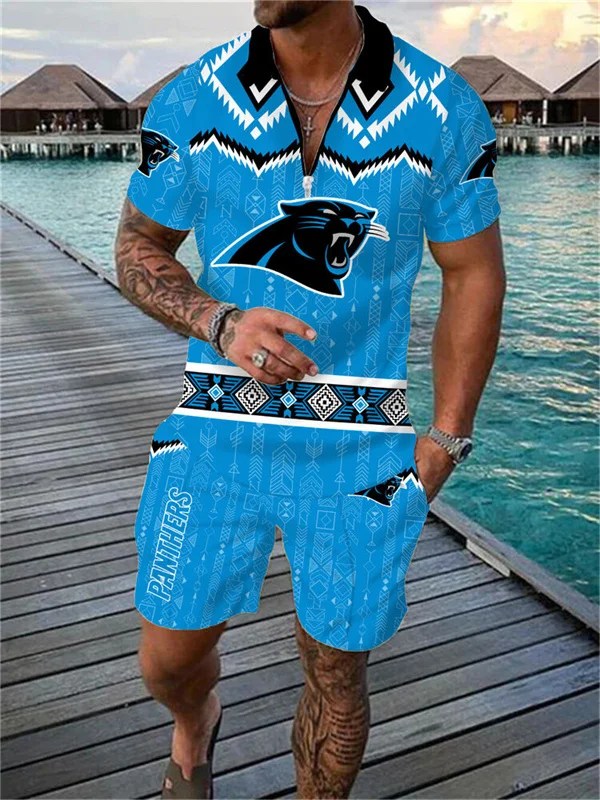 Carolina Panthers Zip Polo Shirt and Shorts