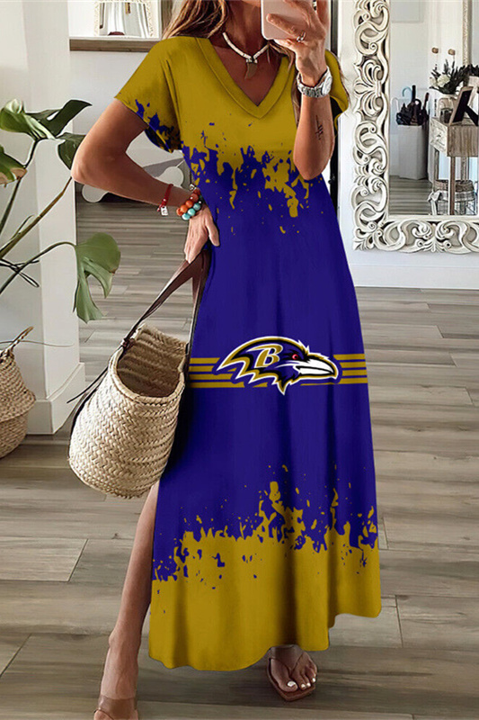 Baltimore Ravens V-Neck Side Slit Long Dress