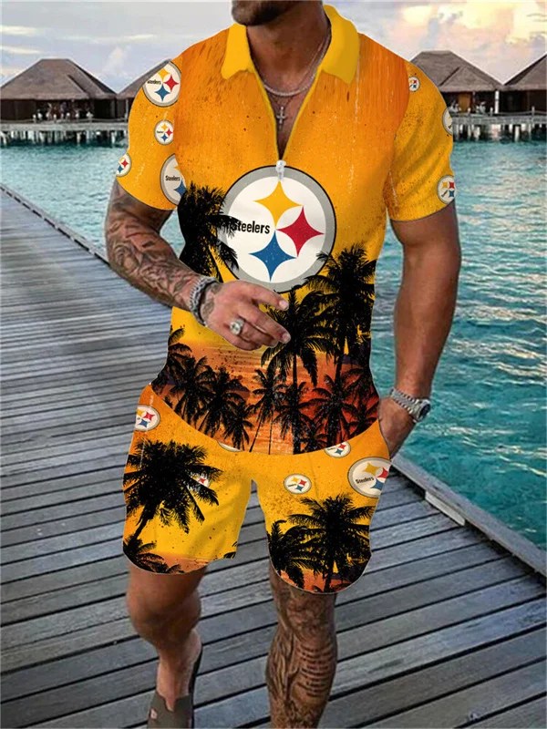 Pittsburgh Steelers Zip Polo Shirt and Shorts