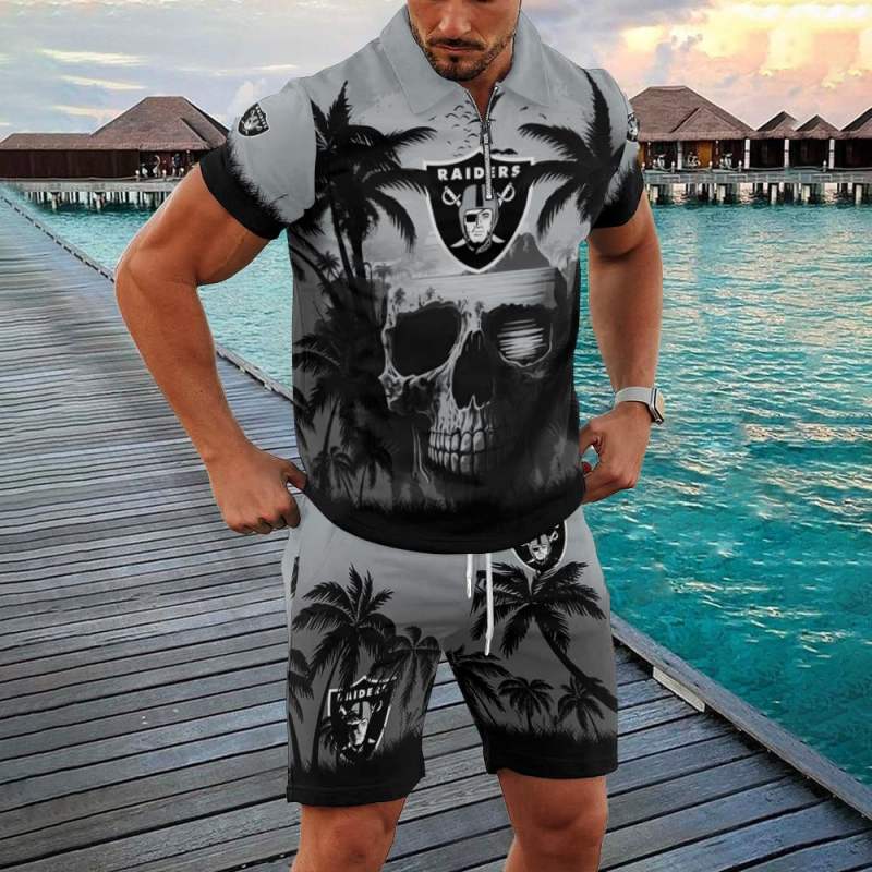 Las Vegas Raiders Zip Polo Shirt And Shorts Men