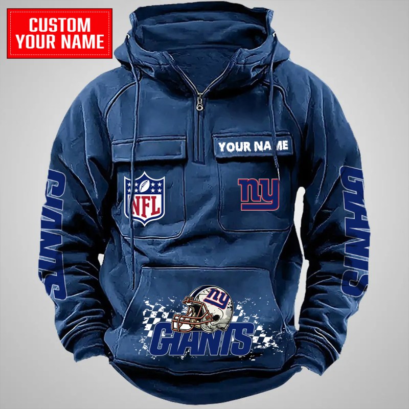 Navy New York Giants Multi-Pockets Zip Hoodie