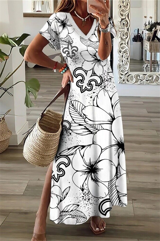 New Orleans Saints V-Neck Side Slit Long Dress